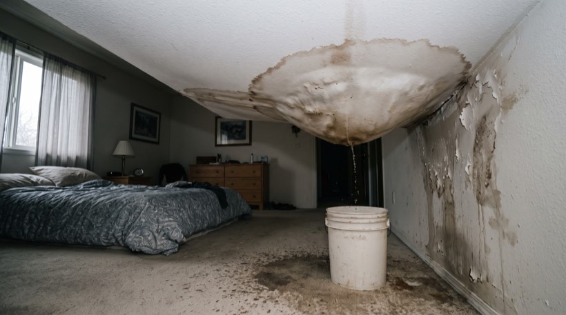 Roof leak into a bedroom ceiling, stage 1 of the sequence