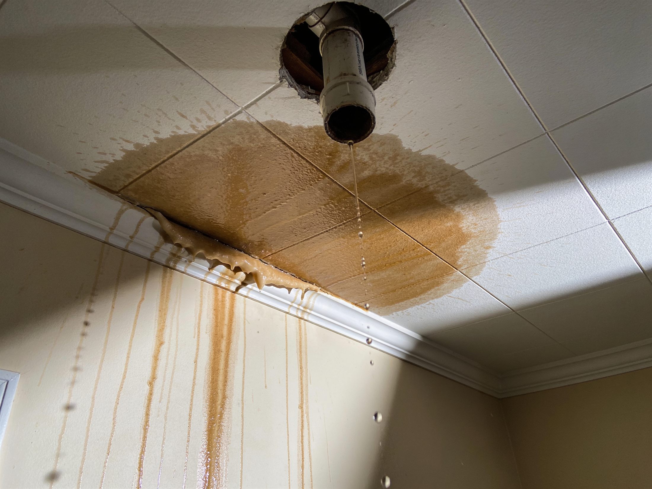 A water-stained bedroom ceiling actively dripping after a storm