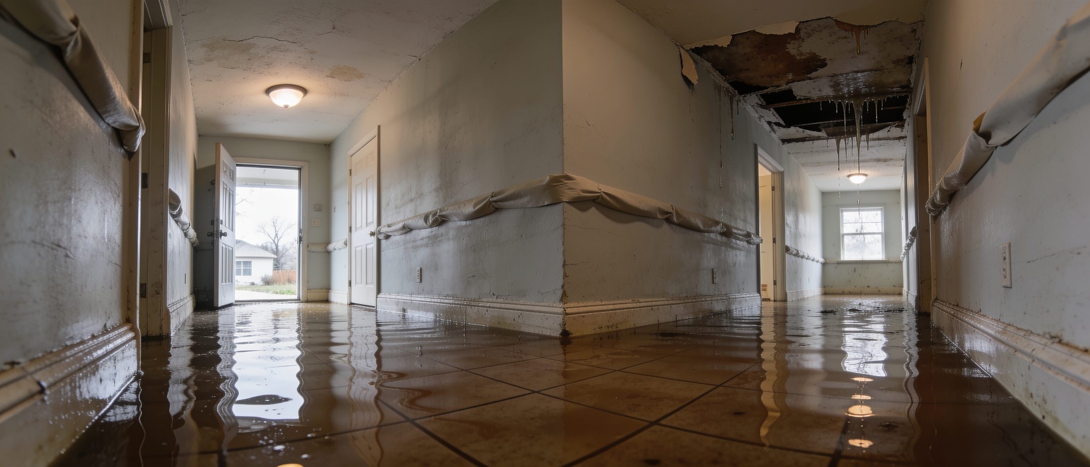 A flooded hallway with standing contaminated water and a stained ceiling above it